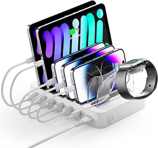 Unitek Fast Charging Station for Multiple Devices, 60W 6 Ports Charging Dock with QC 3.0, USB Charging Station Organizer with 7 Short Charging Cables for Phones, Tablets, and Other Electronics