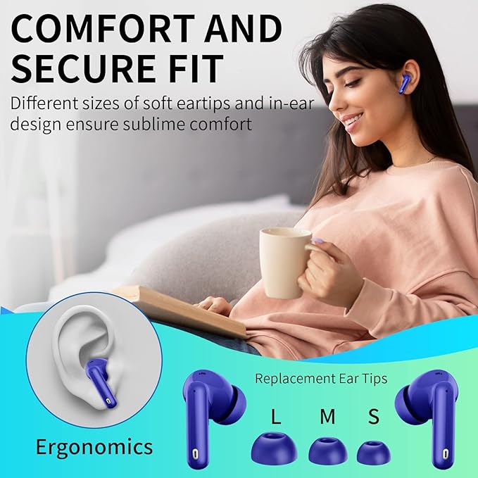 Wireless Earbuds, Bluetooth 5.4 Headphones Bass Stereo, Ear Buds with Noise Cancelling Mic LED Display, IP7 Waterproof in Ear Earphones, 36H Playtime for Laptop Pad Phones Sports Workout, Dark Blue