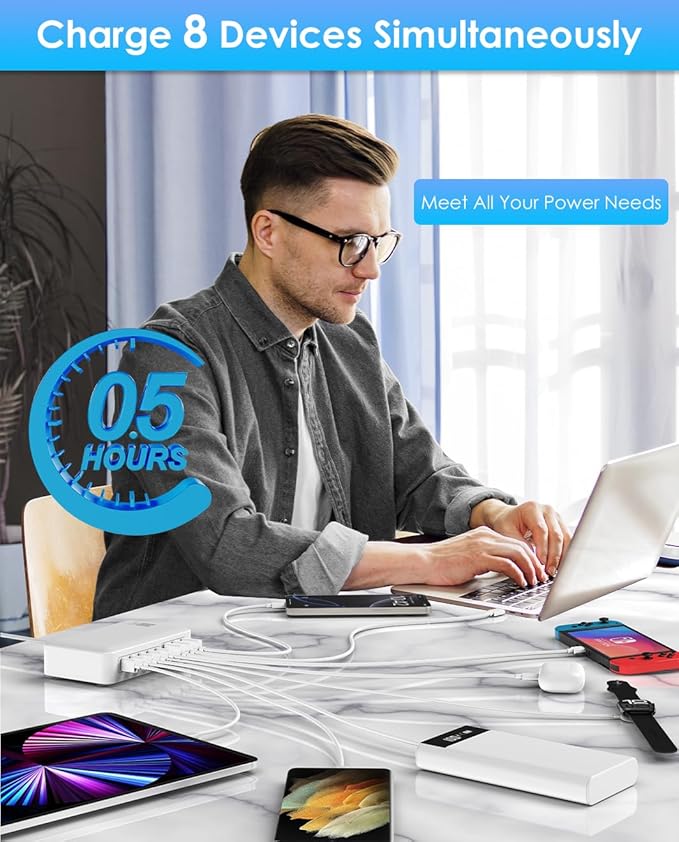 USB C Charger Block Charging Station - 300W Fast GaN 8-Port Multiple USB Charging Hub, Upgraded PD 100W Laptop Charger Compatible with MacBook Pro/Air, iPad, iPhone 16/15/14, Galaxy S23/22, 5ft Cord