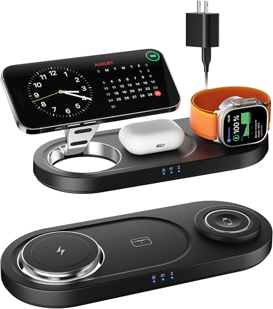 Upgraded 3 in 1 Wireless Charging Station for Apple Devices, Faster Mag-Safe Charger Stand, Magnetic Charger Station for iPhone 16/15/14/13/12 Series & AirPods Pro & Apple Watch Series (Black)