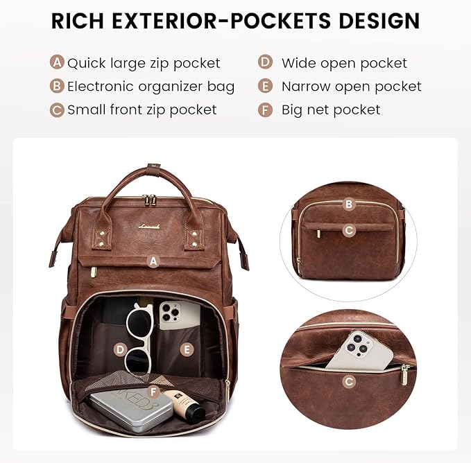 LOVEVOOK Leather Laptop Backpack for Women 18 inch,Travel Backpack Purse Nurse Teacher Computer Bag,Professional College Business Work Bags Carry On with USB Port,Red Brown