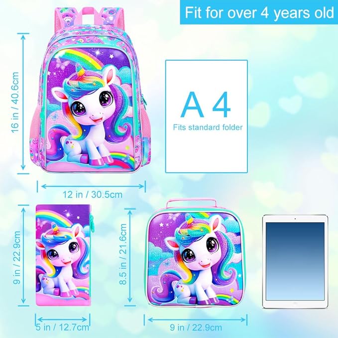 3Pcs Unicorn Backpack for Girls, 16" School Backpacks Set for Elementary Preschool Kindergarten, Kids Bookbag with Lunch Box(Pink)