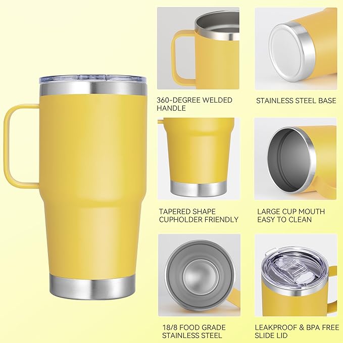 20 oz Stainless Steel Tumbler with Handle Bulk Metal Insulated Tumblers Travel Coffee Mug with Handle Double Wall Tumbler Cup with Lid and Straw, Yellow 12 Pack