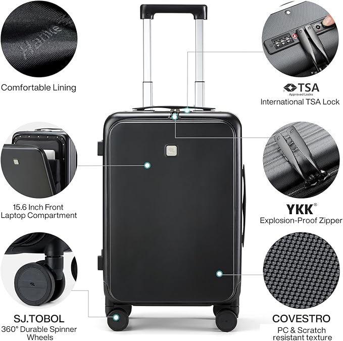 Hanke Grace Hard Shell Suitcases with Wheels,20 Inch Carry On Luggage Airline Approved with Aluminum Frame, Travel suitcase with Front Pocket Travel Luggage for Short Business Trips, Jet Black.