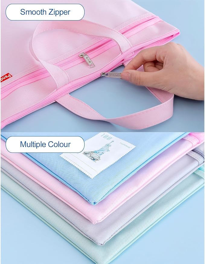 Pendancy Mesh Zipper Pouch 11x13.7 in, Large Double Pocket Waterproof File Bag with Handle, A4 Size Foldable Document Storage for Puzzle Project/Cross Stitch/Travel/Office（Pink）