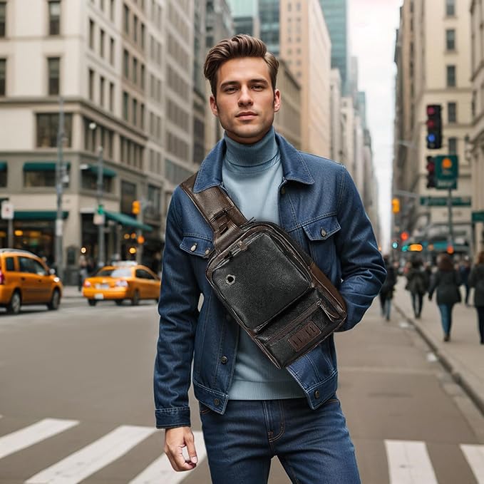 Vintage PU Leather Sling Backpack for Men, Crossbody Bag, Adjustable Shoulder Strap, Compact Backpack for Travel, Daily Use, and Gift, Black