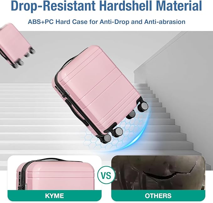 KYME Carry On Luggage 22x14x9 Airline Approved with TSA Lock Hard Shell Carry On Suitcase Lightweight Suitcases with Wheels Small Luggage for Men Women,Carry-On 20 Inch,Pink