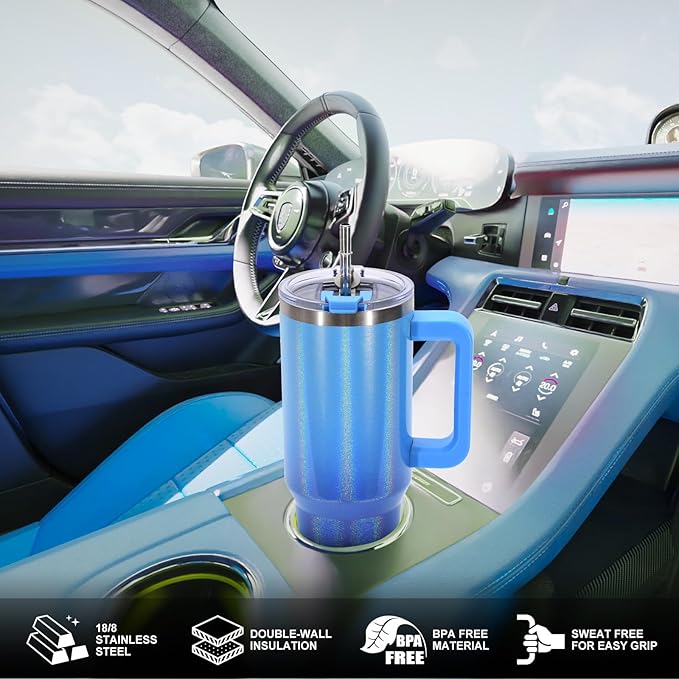 30 oz Shiny Tumbler with Handle and Straw,Stainless Steel Tumbler with Lid and Straw,Insulated Travel Mug(Cold for 34 Hours),Water Bottle for Iced Tea,Coffee (Blue)