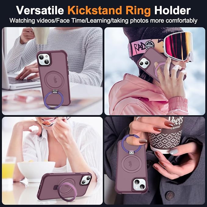 Compatible with iPhone 14 Plus Case with Invisible Magnetic O-Ring Stand Military-Grade Translucent Case for iPhone 14 Plus 6.7" [Compatible with Mag-Safe][Great Grip Feeling], Wine Red