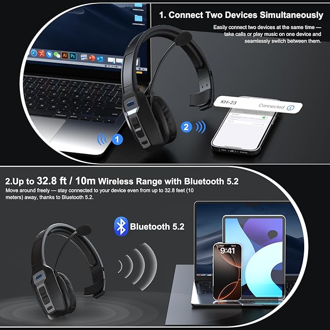 Bluetooth Headset for Truck Drivers, Single Ear Wireless Headphones with Mic Noise Cancelling, Mute Button, Hands-Free, 60H Playtime for Call Center, Office, Cell Phone