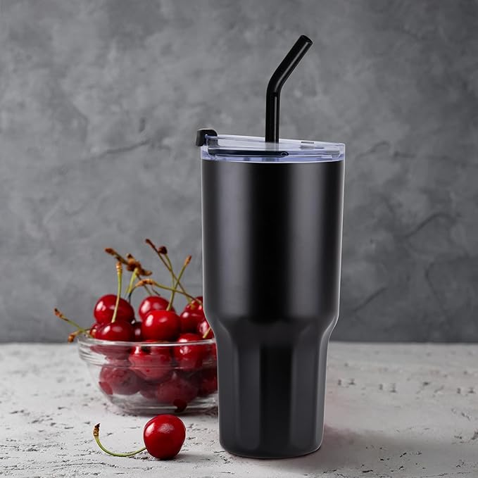 VEGOND 30 oz Insulated Stainless Steel Tumblers with lid and straw Bulk Pack Double Wall Vacuum Coffee Mug with Non-Slip Silicone Base, Sweat Proof Powder Coated Cup for Hot Cold Drinks, Black 8Pack