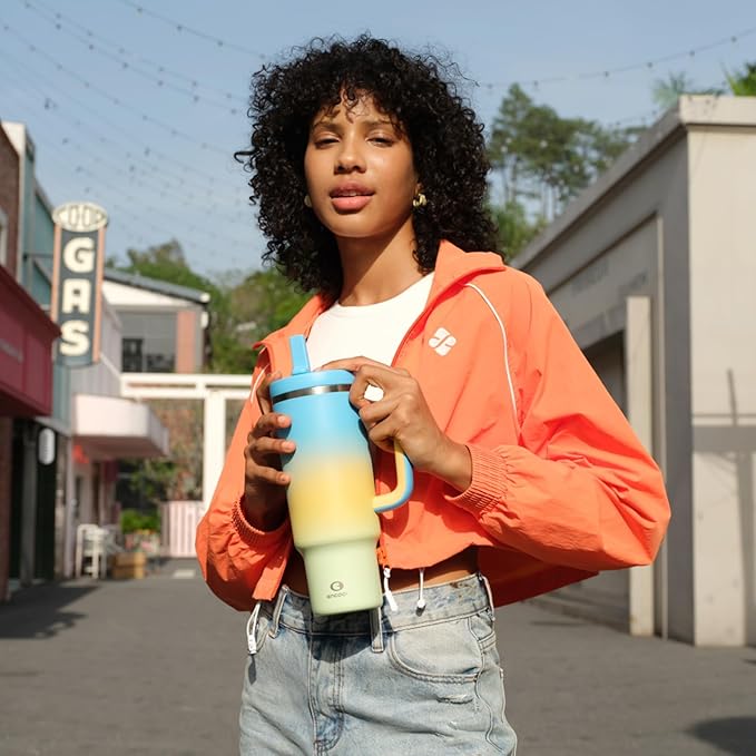 40 oz Tumbler with Handle and Straw: Stainless Steel Insulated Tumbler Keeps Cold for 24 Hours, Leakproof Travel Cup Fits in Cup Holder and BPA-Free, Sunny Breeze