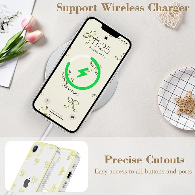 EYZUTAK Case for iPhone 16e, Clear Cute Ribbon Bowknot Pattern Aesthetic Transparent Phone Case Raised Camera Protection Stylish Slim Soft Durable TPU Protective Cover for Women Girls - Yellow