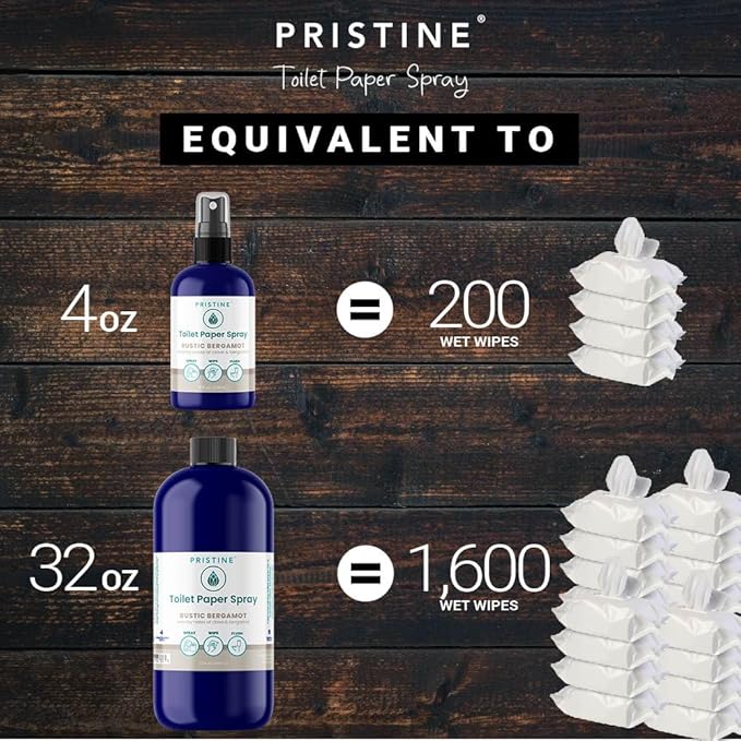 PRISTINE Toilet Paper Spray Instead of Wipes and Bidets - Like Foam Alternative and Gel Alternatives to Wipes, is a Refreshing Bidet Attachment Substitute, Rustic Bergamot, 4 fl oz