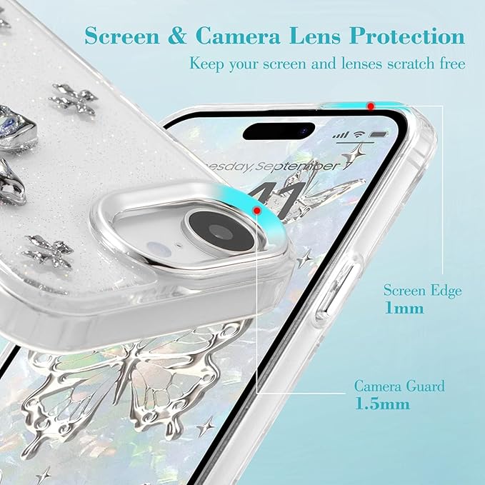 EYZUTAK Case for iPhone 16e, Bling Glitter 3D Butterflies Bowknot Phone Case Cute Crystal Clear Bow Aesthetic Case Slim Soft Durable TPU Transparent Protective Cover for Women Girls - Butterfly