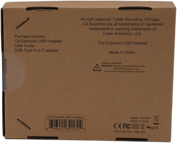 Cyber Acoustics CA Essential USB Headset (HS-2000) – Professional Headset for Calls & Music, All-Day Comfort, Integrated Ear Cup Controls, Optimized for UC Platforms