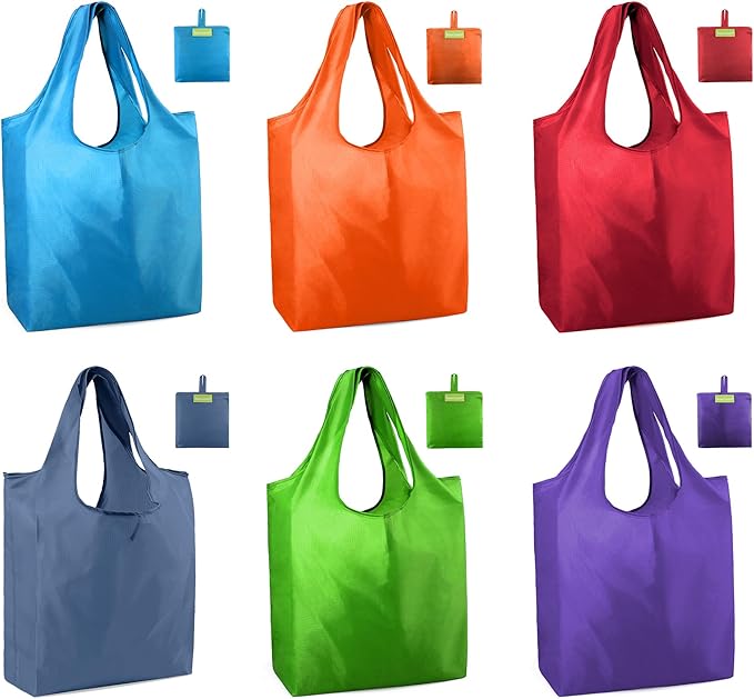 BeeGreen Colorful Reusable Grocery Bags 6 Pack, Heavy Duty Totes for Women, Foldable Grocery Bag Large Shopping Totes with Handles for Work, Travel, Gift, Store, Polyester Washable Reusable Tote Bag