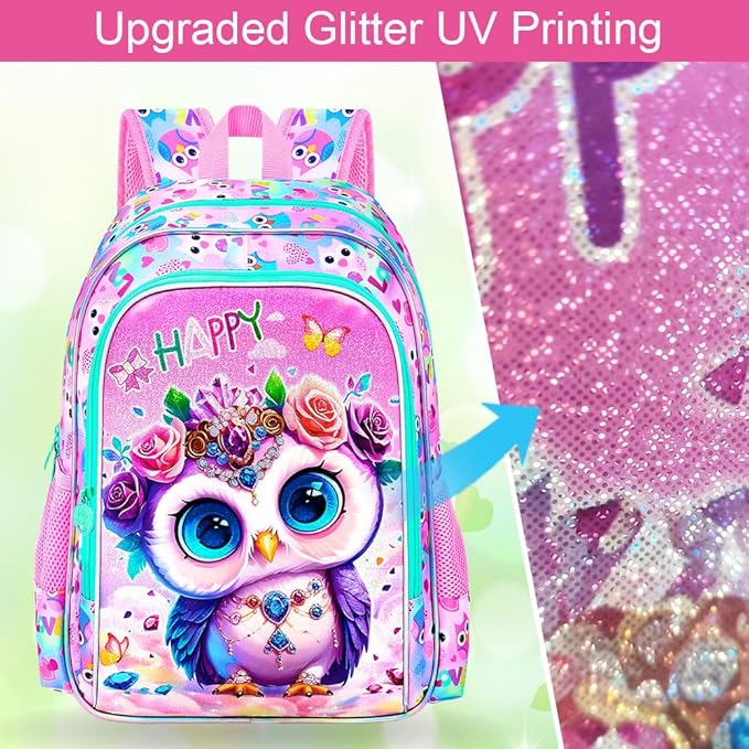 16" Backpack for Girls, 3Pcs Owl Kids Bookbag for Elementary Preschool Kindergarten, School Backpacks with Lunch Box(Pink)
