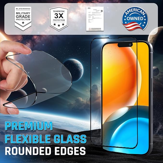 TEMPRTEK+ 2 Pack for iPhone 15 Pro Max Simple Screen Protector Privacy 9H Military Grade Scratch Fingerprint Resistance Anti-Glare Shatterproof Tempered Glass Anti-Spy Easy Installation Bubble Free