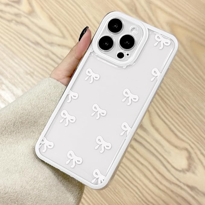 EYZUTAK Case for iPhone 12 Pro Max, Clear Cute Ribbon Bowknot Pattern Aesthetic Transparent Phone Case Raised Camera Protection Stylish Slim Soft Durable TPU Protective Cover for Women Girls - White