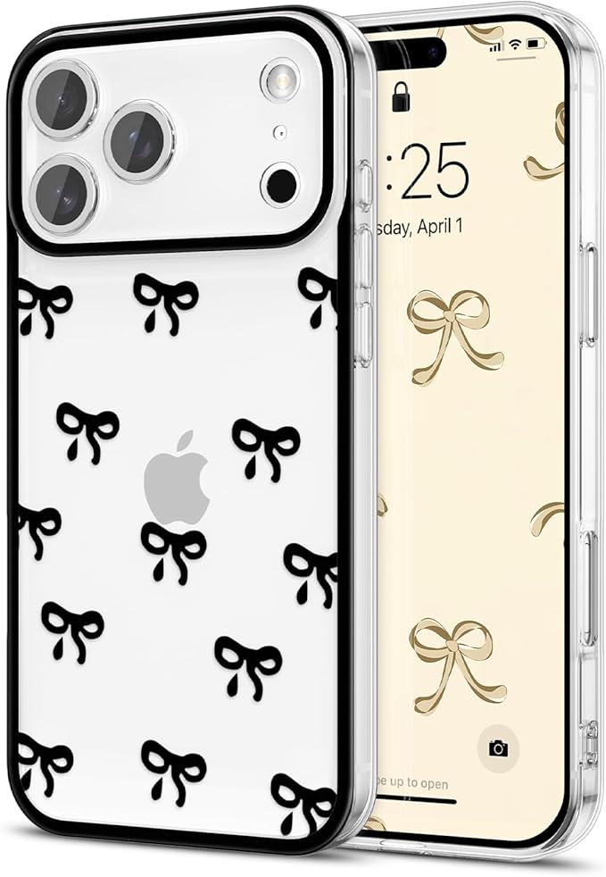 EYZUTAK Case for iPhone 17 Pro Max, Clear Cute Ribbon Bowknot Pattern Aesthetic Transparent Phone Case Raised Camera Protection Stylish Slim Soft Durable TPU Protective Cover for Women Girls - Black