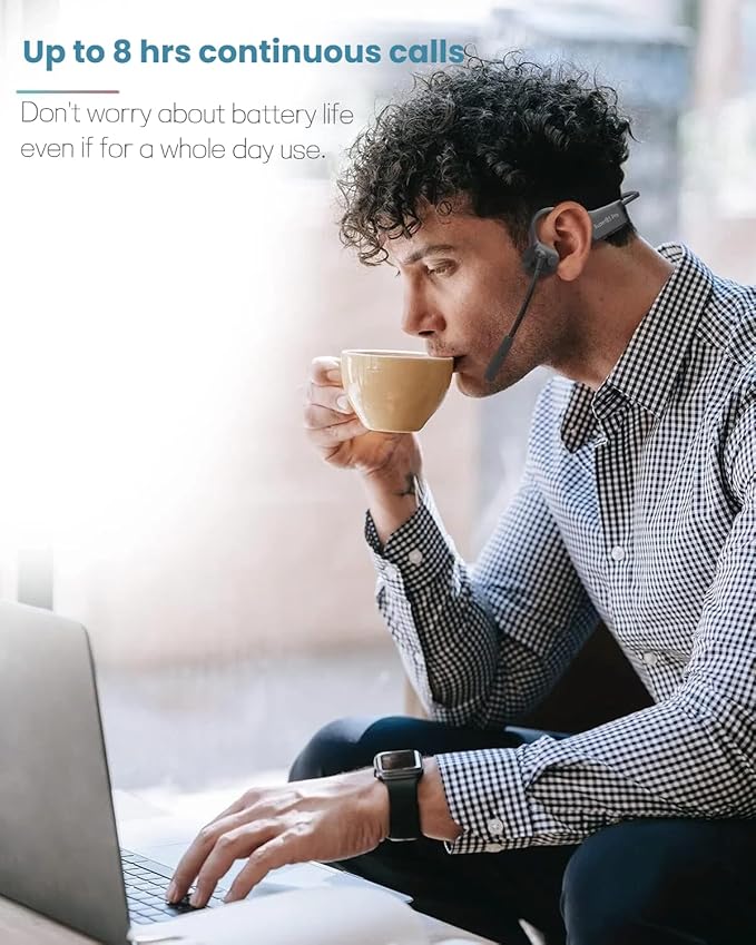 Bone Conduction Bluetooth Headphones with Microphone Wireless Computer Headsets with Mic Noise Canceling Open Ear Large Battery Multi-Point Connection for Working Cycling Driving Meeting