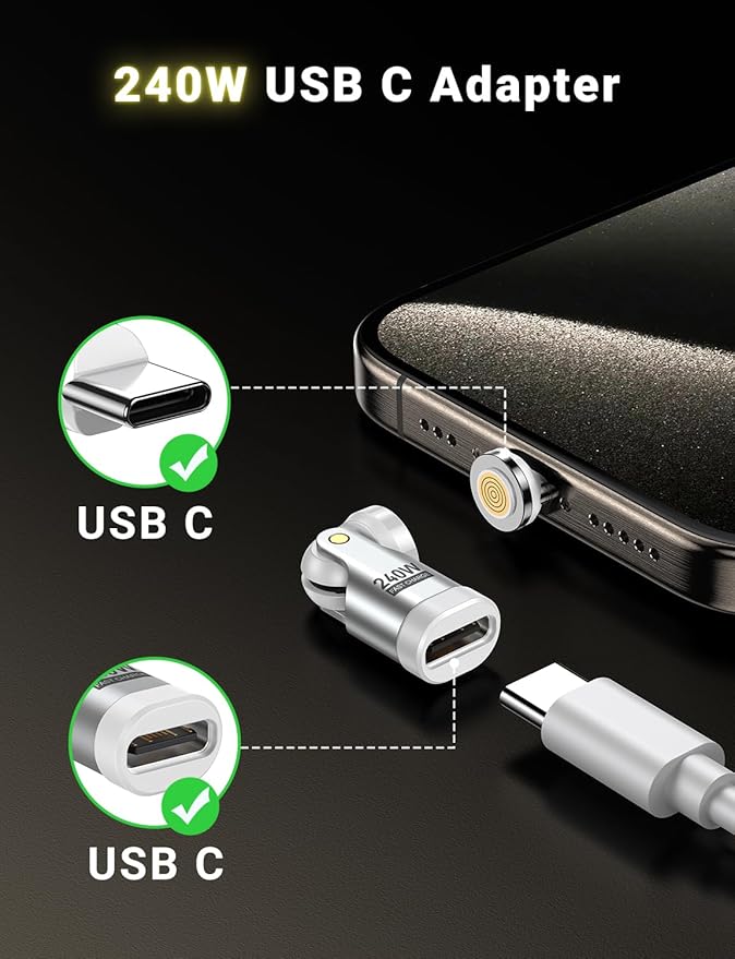 A.S 240W USB C Magnetic Adapter (3Pack), Gen3 USB C 90 Degree Adapter/C Right Angle Adapter/180 Degree USBC Adapters/USBC to USBC Adapters for Phone 16/15, Ma-Book Pro/Pad Series, Samsung (White)