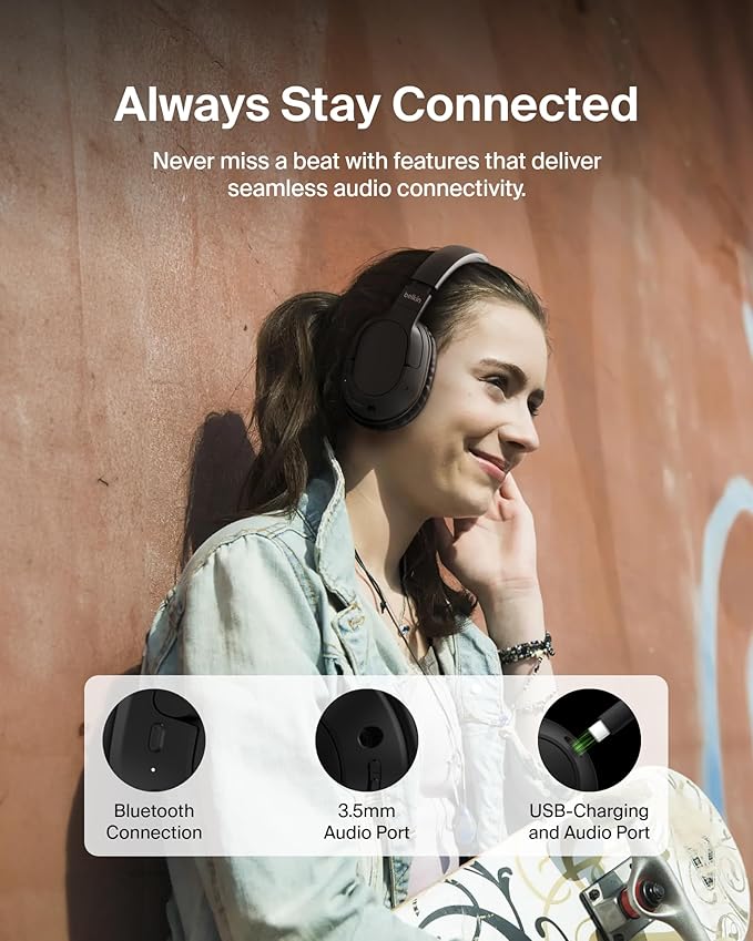 Belkin SoundForm Surround Bluetooth Over-Ear Headphones - Environmental Noise Cancelling Headphones - Wireless w/ 60H Playtime & Soft Ear Cups for iPhone, Galaxy, iPad, Travel, Home, or Office - Black