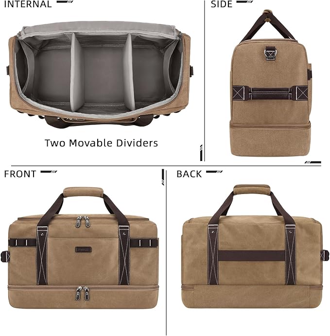 ZOMFELT Travel Duffle Bag for Men, Waterproof Canvas Overnight Duffel Bag with Removable Dividers & Shoe Compartment, Carry On Weekender Gym bag, Multi-Pocket & Vintage Design (Washed Brown)