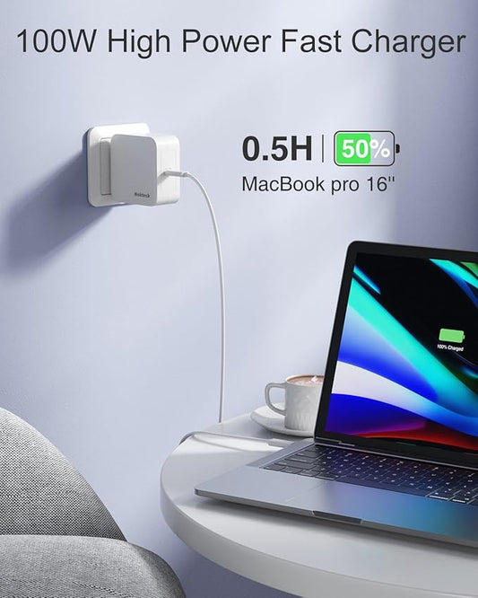 Nekteck Mac Book Pro Charger [GaN Ⅳ], 100W USB C Charger, Compact and Foldable Fast Charging Compatible with MacBook Pro/Air, iPad Pro and All USB C Devices, 6.6 ft USB C to USB C Cable Included
