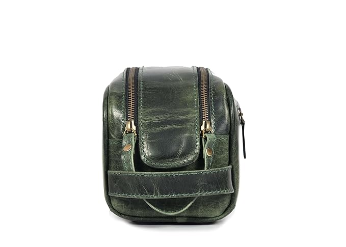 10" Premium Leather Toiletry Travel Pouch With Waterproof Lining | King-Size Handcrafted Vintage Dopp kit By Aaron Leather Goods (Seaweed Green)