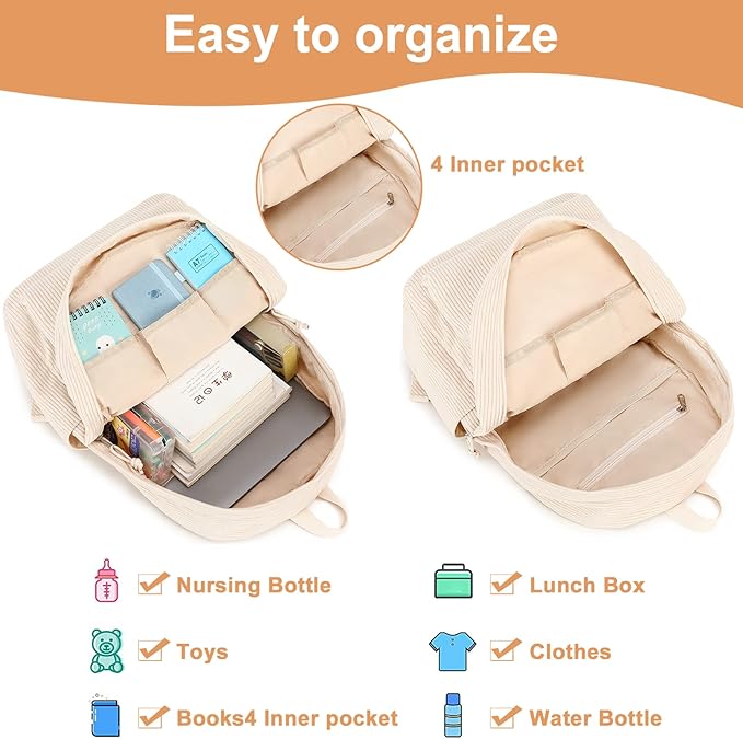 School Backpack for Teens Large Corduroy Bookbag Lightweight 15.6 inch Laptop Bag for Girls Women Casual High School College
