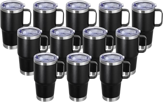 20 oz Stainless Steel Tumbler with Handle Bulk Metal Insulated Tumblers Travel Coffee Mug with Handle Double Wall Tumbler Cup with Lid and Straw, Black 12 Pack