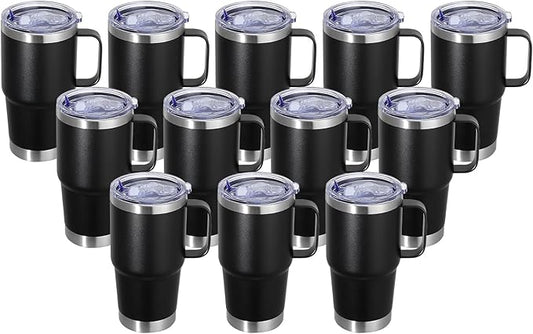 20 oz Stainless Steel Tumbler with Handle Bulk Metal Insulated Tumblers Travel Coffee Mug with Handle Double Wall Tumbler Cup with Lid and Straw, Black 12 Pack