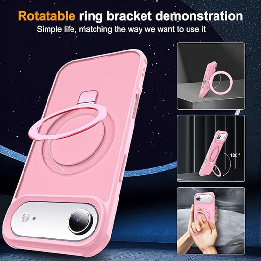 Compatible with iPhone 17 Air Case with Invisible Magnetic O-Ring Stand Military-Grade Translucent Phone Case for iPhone 17 Air 6.5" [Compatible with Mag-Safe][Great Grip Feeling], Pink