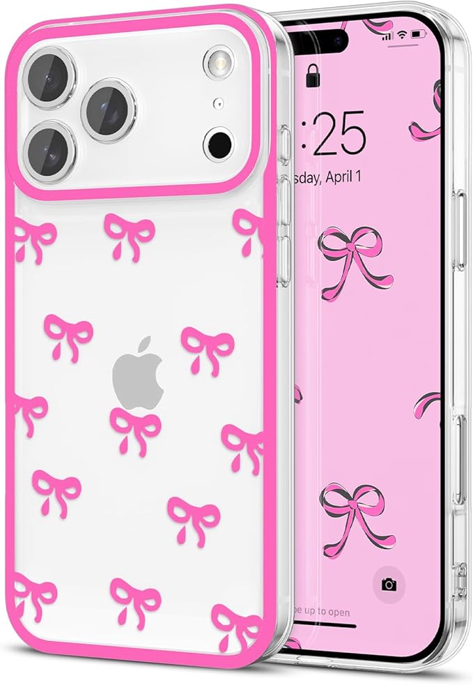 EYZUTAK Case for iPhone 17 Pro Max, Clear Cute Ribbon Bowknot Pattern Aesthetic Transparent Phone Case Raised Camera Protection Stylish Slim Soft Durable TPU Protective Cover for Women Girls -Rose Red