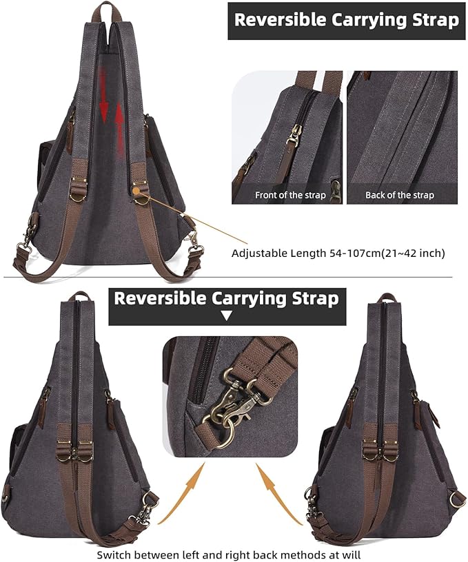 KL928 Canvas Sling Bag - Casual Crossbody Shoulder Daypack Rucksack Backpack for Men Women, Dark Grey