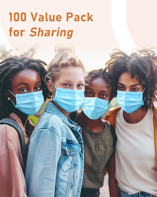 Face Masks Disposable 100 Pack, 4 Ply ASTM Level 3 Medical Grade, FSA/HSA Eligible, Breathable for Adult Outdoor Protection, Individually Wrapped for Home, School & Office, Sky Blue