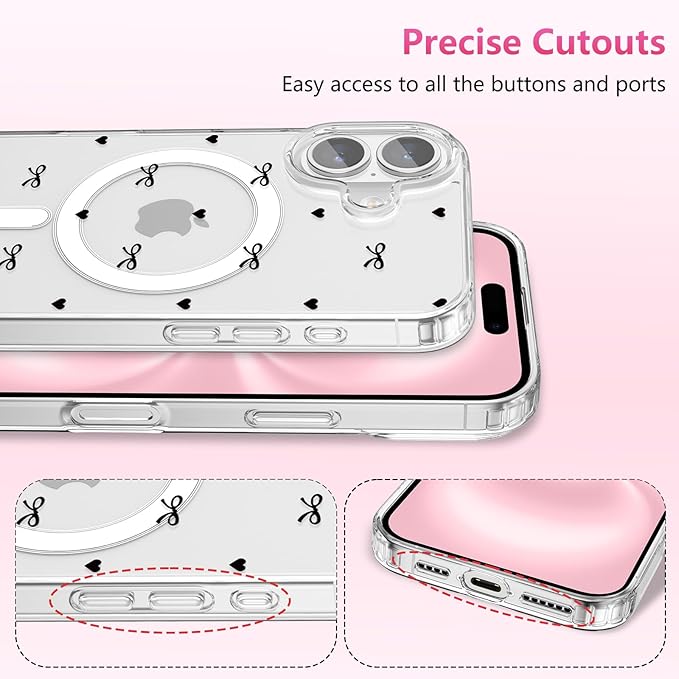 ZTOFERA for iPhone 16 Plus Magnetic Case Clear,Cute Love Heart Ribbon Bow Tie Aesthetic Phone Case,Transparent Trendy Slim Soft Shockproof Protective Phone Cover for Women Girls,Black