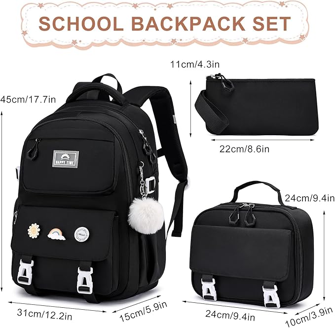 MOMUVO School Backpack Set for Girls,3pcs Bookbag with Lunch Box Pencil Case Kids School Bag Set