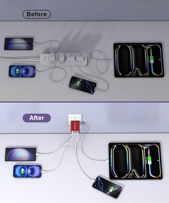 40W USB C Charger Block, 2-Pack 4-Port Type C Fast Charging Brick Dual PD&QC Wall Plug Adapter Power Brick for iPhone 16/Pro/Pro Max/Plus/15/14/13/12/iPad/Airpods/iwatch/Samsung Galaxy (Red)