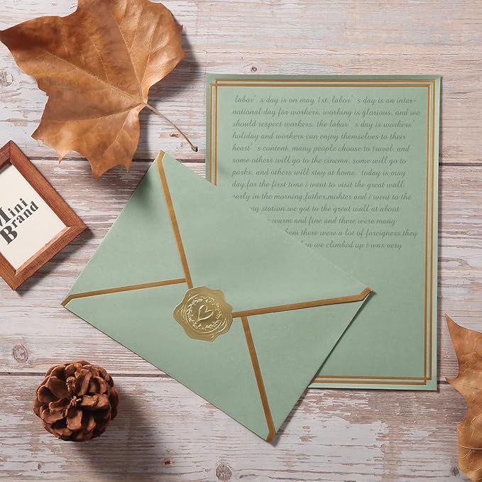 50 Pack Stationery Set with Gold Border, A6 Envelopes and 6x8 Paper Sheets and Stickers for Writing Letters (Sage-Green, 6x8 Inches)