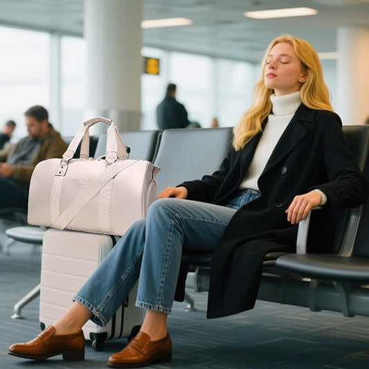 Weekender Bag for Women Men, Large Overnight Bag Faux Leather Travel Duffel Bag with Shoe Compartment Toiletry Packing Cube Carry On Bag Fit 21" Laptop 3Pcs Set (Beige)