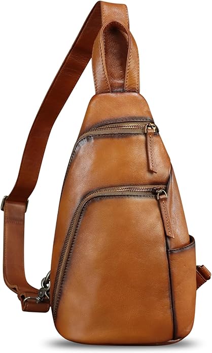 Genuine Leather Silng Bag for Men and Women Vintage Leather Sling Backpack Purse Shoulder Crossbody Bag Chest Bag