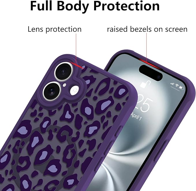 KANGHAR Case for iPhone 16 Purple Leopard Printed Pattern Cute Cheetah [Compatible with Magsafe] Protective Magnetic Case for Girls Women 6.1"