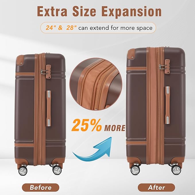 Merax Luggage Set 2 Piece Suitcase Set with Cosmetic Case Expandable Spinner Wheels Vintage Luggage Sets(Brown,20"+28")