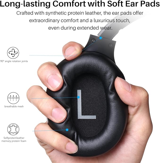 TOZO HT2 Hybrid Active Noise Cancelling Headphones, Wireless Over Ear Bluetooth Headset, 60H Playtime, Hi-Res Audio Custom EQ via App Deep Bass Comfort Fit Ear Cups, for Home Office Travel Black