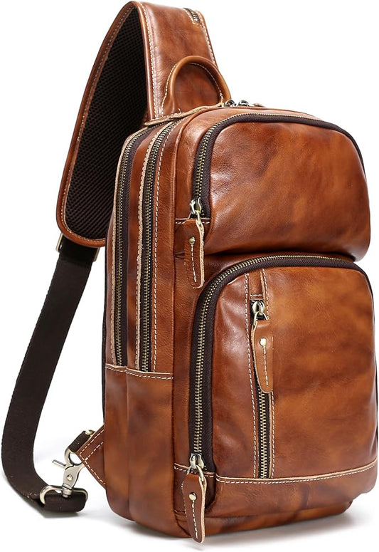 LANNSYNE Full Grain Leather Sling Bag For Men, Crossbody Bag fits 12.9" iPad Crossbody Chest Daypack