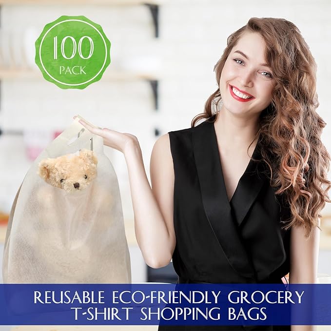 Windyun Large Grocery T-shirt Bags Bulk Reusable Non Woven Shopping Bag Foldable Gift Tote with Handle, 21x11x6 Inch