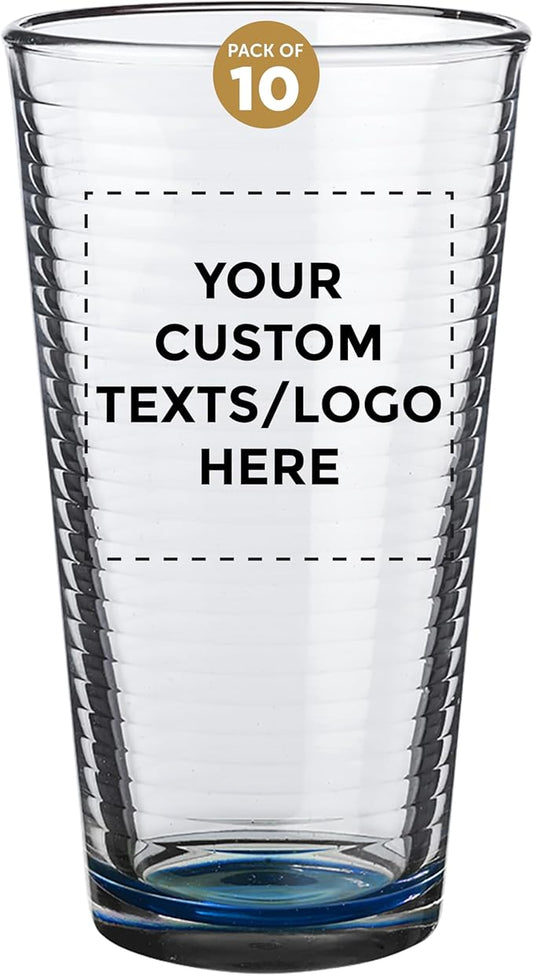 Custom Spiral Pint Glass 16 oz. Set of 10, Personalized Bulk Pack - Beer Glasses, Heavy Duty Drinkware - Blue